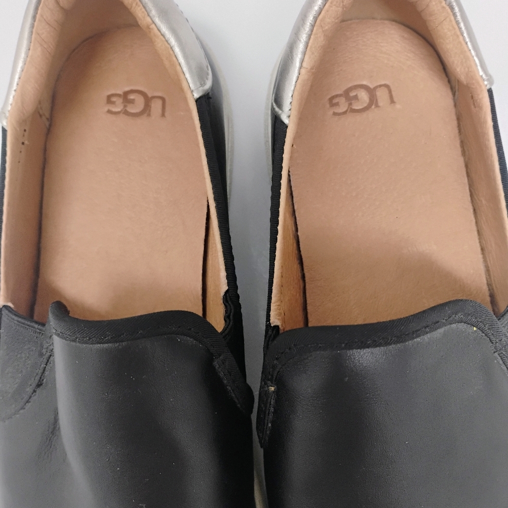 UGG Women's Black Slip-On Leather Loafers with Silver Heel Accent